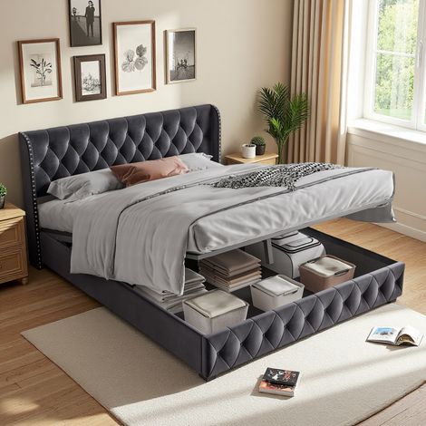 Cama matrimonial con contenedor 160x200 cm, con cabecero con botones remachados y somier de láminas, estructura de metal, terciopelo, cama con acolchado hidráulico para adultos y niños - Gris (1/5)