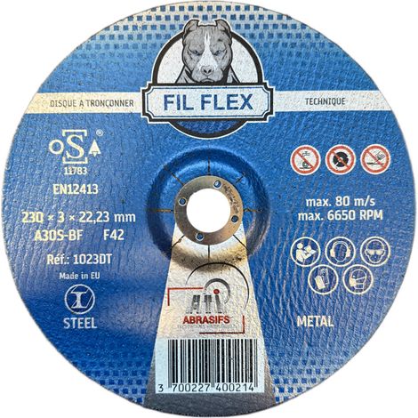 DISQUE A TRONCONNER METAL/INOX 230X3X22 BOMBÉ FIL FLEX
