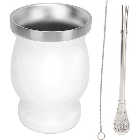 Tasse isotherme en forme de calebasse (230 ml) à double paroi en acier inoxydable avec cuillère, paille et goupillon. Idéale pour le thé, le café et le vin. (1/5)