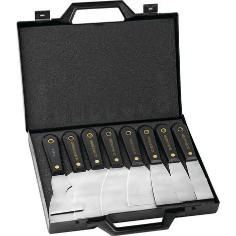 Mallette 7 spatules + 1 couteau multi-usages – Lames en acier – Manches nylon fins, résistants aux solvants – Mallette de transport plastique avec poignée