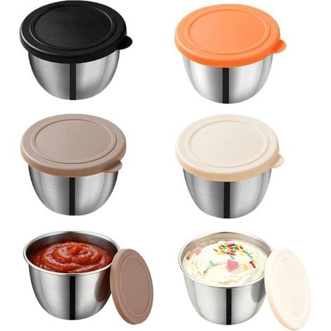 Juego de 6 recipientes para aderezos de ensalada, pequeños recipientes de acero inoxidable de 75 ml para salsas, mini recipientes con tapa, recipientes para aperitivos, salsas y especias. (1/5)