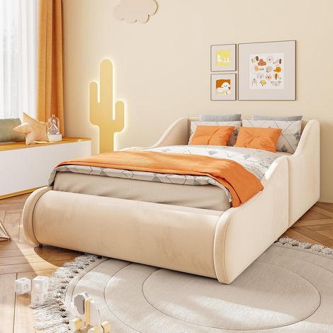 Lit Enfant Rembourré 90x200 cm Velours Beige - avec Barrière de Sécurité et Tête de Lit Confortable - pour Fille et Garçon, Moderne (1/5)