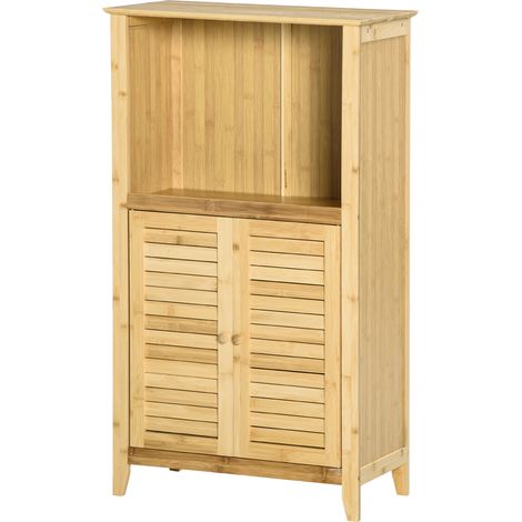 Meuble de rangement de salle de bain en bambou avec 2 portes, compartiment ouvert et étagère réglable, 50 x 25,5 x 92 cm, naturel (1/5)
