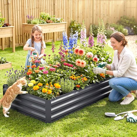 Fioriera rettangolare per ortaggi da giardino, fioriera da esterno, 241 x 90 x 30 cm, lamiera d'acciaio ondulata, grigia