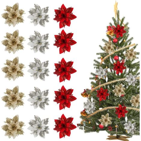 Weihnachtssternblüten mit Glitzer, 15 Stück, 14 x 14 cm, rot, gold, silber, künstlich, für Weihnachtsbaumschmuck, Hochzeiten oder Partys.