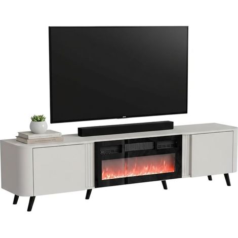 Mobile porta TV Vicino, Madia da salotto con due ante battenti e camino elettrico, Rialzato da terra, 191x40 h58 cm, Beige