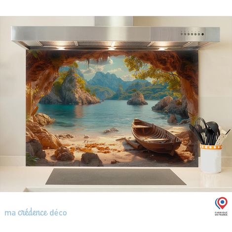 Fond de hotte : Barque et îles désertes - Verre trempé - 90 cm - 60 cm (1/5)