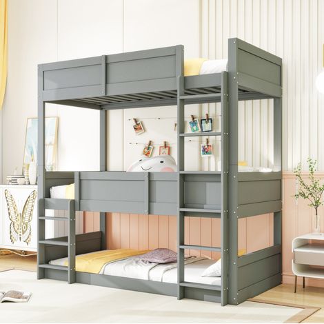 CHICFURN Letto a castello per bambini 90x200 cm in legno grigio, 3 posti, senza materasso (1/5)