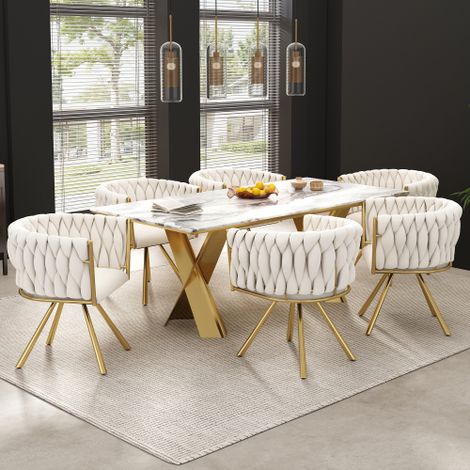 Lote 6 sillas comedor - giratoria, pies petal - terciopelo beige-oro (1/5)