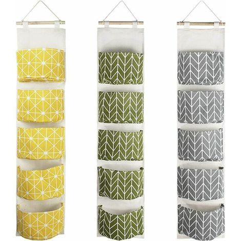 royaluxe - 3Pcs Sac de Rangement Suspendu avec 5 Poches, MOTASOM Étagère Mural en Tissu Panier Pochette de Rangement, Étanche Sacs Organisateur pour Chambre Salle de Bain Cuisine (Grün + Gelb + Grau) (1/5)