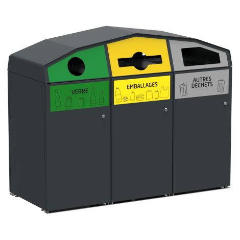 Point de tri sélectif Trirok, avec serrure - verre / emballages / autres déchets - 3 x 240l - anthracite mat - RAL 7016 (1/4)