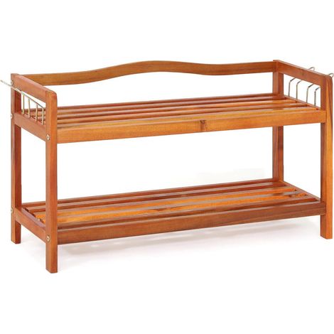 Entrée, chambre ou balcon, étagère à chaussures en bois d'acacia à 2 niveaux avec 4 crochets et structure compacte (1/5)