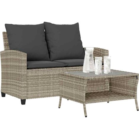 Gartensofa 2-Sitzer mit Kissen & Tisch Hellgrau Poly Rattan