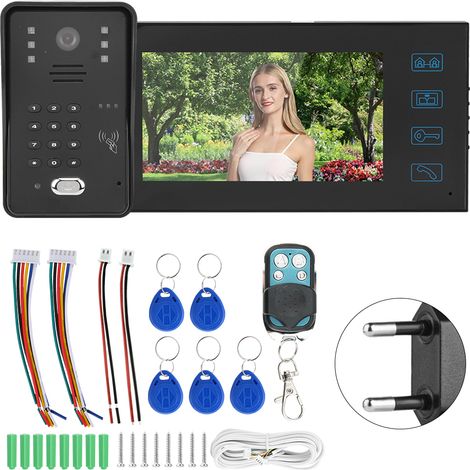 Sonnette vidéo TFT LCD 7 pouces, contrôle d’accès à distance par mot de passe et carte, interphone étanche 100-240V (prise EU) (1/5)