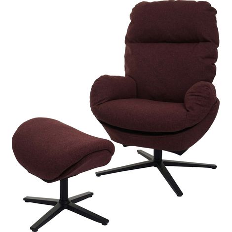 Relaxsessel + Hocker HHG-420, Fernsehsessel Sessel Schaukelstuhl Wippfunktion, drehbar, Metall Stoff/Textil bordeaux
