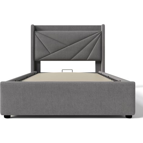 Lit rembourré,lit simple,coffre de rangement avec fonction de charge USB Type C,tête de lit,lits de rangement,cadre de lit en lin,lit jeune 90x200 avec sommier à lattes (sans matelas) (1/5)