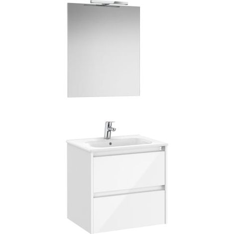 MUEBLE LAVABO 600MM TENET 2 CAJONES + ESPEJO Y APLIQUE LED BLANCO BRILLO