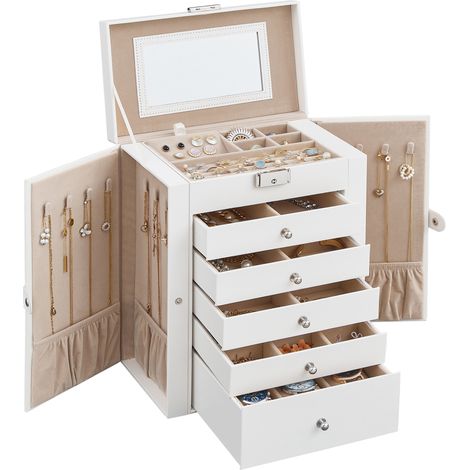 Songmics – Armoire à bijoux 6 niveaux – Grand tiroir avec coussinets pour montres – Verrouillable avec miroir – Doublure en velours – Blanc