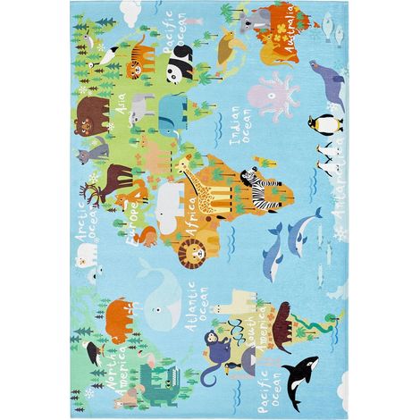 Tapis enfant carte du monde multicolore jacquard - 120 x 80 cm