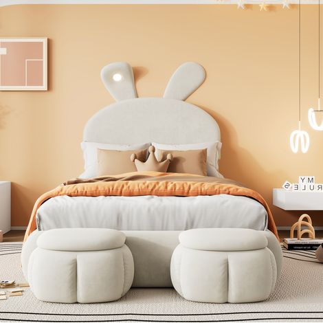 Polsterbett Samt Beige 90x200 cm mit LED-Beleuchtung, Hasenohren, 2 Aufbewahrungshockern und Lattenrost (1/5)