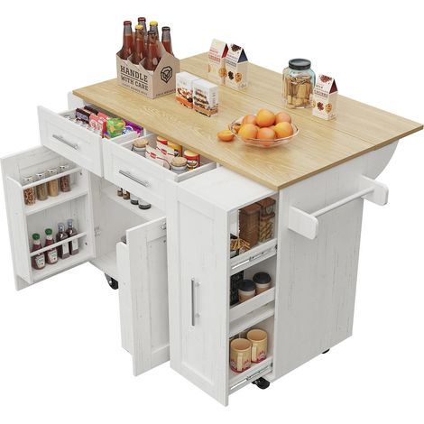 Moderne Kücheninsel, Küchenschrank, buffetschrank, Speisewagen mit Holzmaserung, Multifunktionale Esstisch mit Speicherraum, Speisewagen mit Snackregalen und Stretchfunktionsschränken,weiß