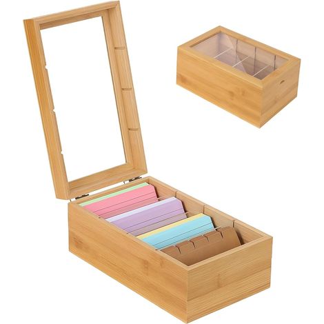 Boîte à fiches en bois avec couvercle et fenêtre - Boîte de rangement A7 pour cartes éducatives - Convient pour le bureau, l'école, la maison - Avec séparateur (sans fiches) (1/5)
