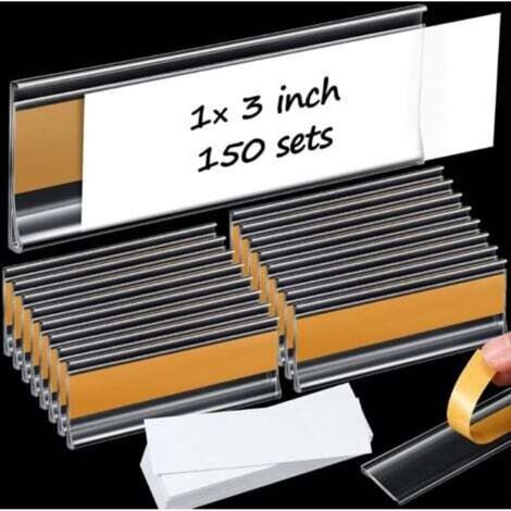 Lot de 150 porte-étiquettes autocollants 3 x 1 pouce avec inserts en papier, transparents pour étagères de supermarchés et bibliothèques.