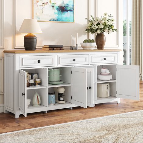 Sideboard mit 3 Schubladen und 4 Türen, minimalistisches Design, verstellbare Einlegeböden, MDF, 160 x 35 x 76 cm, weiß (1/5)