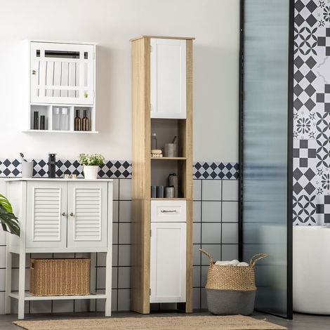 Armoire de salle de bain haute en aggloméré avec un tiroir, deux placards et deux étagères ouvertes réglables, 37 x 30 x 184 cm (1/5)