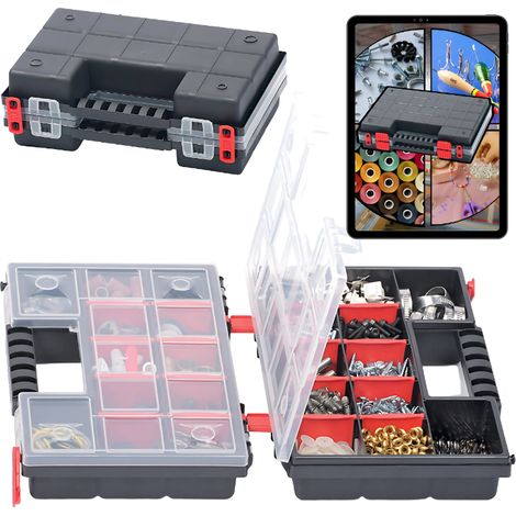 Caja de herramientas, Prosperplast, modelo NORS12DUO, ideal para almacenar objetos pequeños en hogar o taller, 2x12 compartimentos ajustables, tapa transparente, asa portátil (1/5)