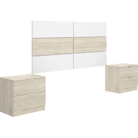 Ensemble de tête de lit avec 2 tables de chevet coloris chêne naturel, blanc - Longueur 258 x Profondeur 34 x Hauteur 121 cm (1/4)