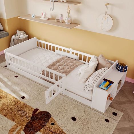 Lit enfant 90x200 cm en pin et MDF blanc avec rangement ouvert, étagères et armoire — sommier inclus (1/5)