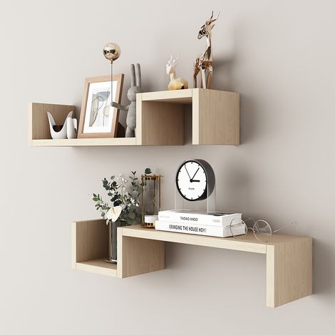 Lot de 2 étagères murales en bois – Tablette murale, étagère suspendue – Étagère murale flottante en forme de S (1/3)