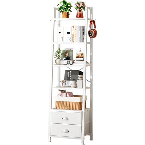 Etagère à Livres en Échelle,Bibliothèque à 5 Niveaux,Meuble de Rangement avec 2 Tiroirs en Tissu pour Salon, Chambre, Cuisine, Bureau,Style Industriel,Cadre en Acier (Blanc) (1/5)
