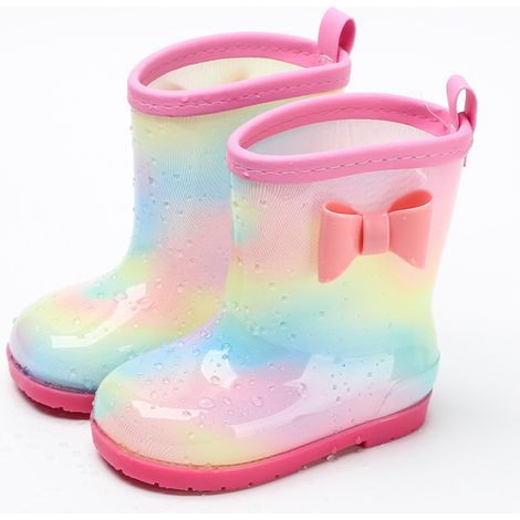 1 paire de bottes de pluie pour enfants, toutes saisons, universelles, avec nœud arc-en-ciel, antidérapantes, imperméables et respirantes, roses, 150 mm (longueur intérieure 145 mm) (1/5)