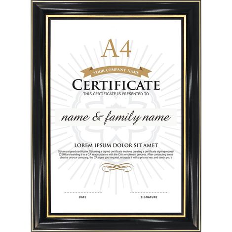 Cadre pour documents, format A4, en bois, verre, pour mur et table, noir, avec double bords dorés (1/5)