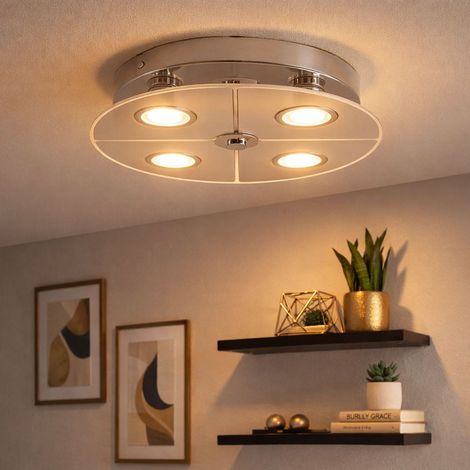 Plafoniera LED cromata per soggiorno, vetro satinato, 4x 3W 250lm 3000K, PxH 30x7,5 cm