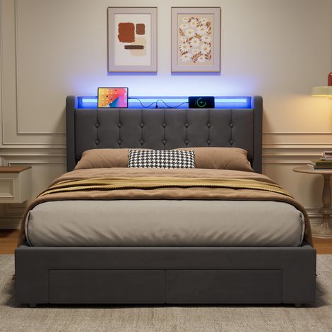 Lit 140x190 cm Rembourré avec LED, 2 Grands Tiroirs, Ports USB, Mécanisme Hydraulique, Velours Durable - Design Moderne et Fonctionnel (1/5)