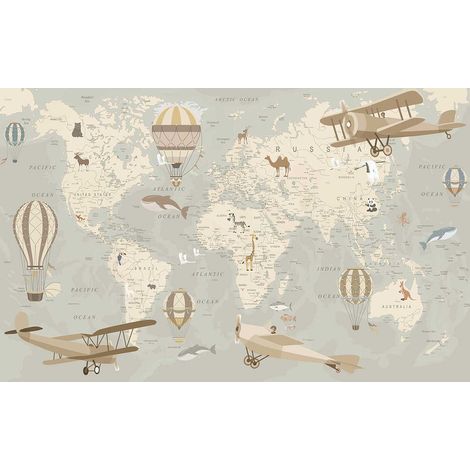 Tableau enfant carte du monde avions et montgolfières 80x50 cm – Impression UVgel – Toile coton/polyester – Finition mat premium – Hxadeco (1/5)
