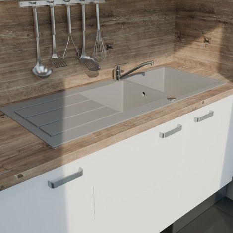 Évier STONIKA avec 2 bacs + égouttoir 118 cm - Gris (1/2)