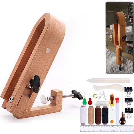 Lederbearbeitungsset, Lederhandwerkswerkzeuge, Lederklemmen und Lederzangen, 29-teilig. Das Holz lässt sich um 180 Grad drehen, was die Handhabung beim Nähen von Hand erleichtert. (1/5)