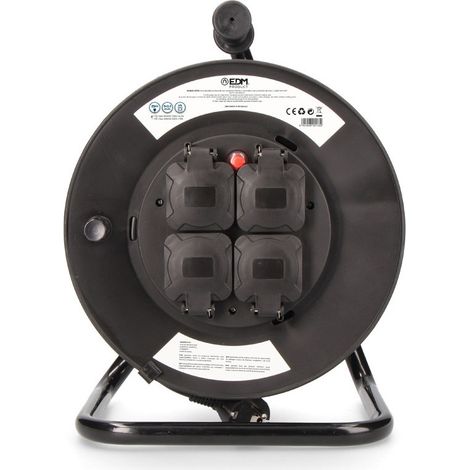 Enrouleur De Câble Professionnel À Protecteur Thermique 3x2,5mm 25m 4 Prises Avec Couvercle 3000w 250v Edm (1/3)