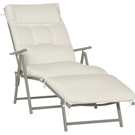 Outsunny Sun Lounger Steel Frame Outdoor Folding Chaise Texteline Lounge Chair Recliner with Headrest & 7 Levels Adjustable Backrest, Cream White