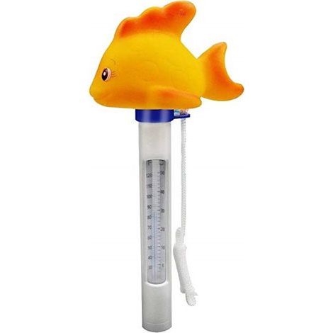 Floating pool thermometer, shaped like a goldfish, for measuring the water temperature in swimming pools, spas, hot tubs, and aquariums. - AquaForge (1/5)
