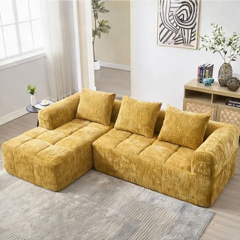 Canapé d'angle moderne en chenille jaune avec chaiselongue (1/5)