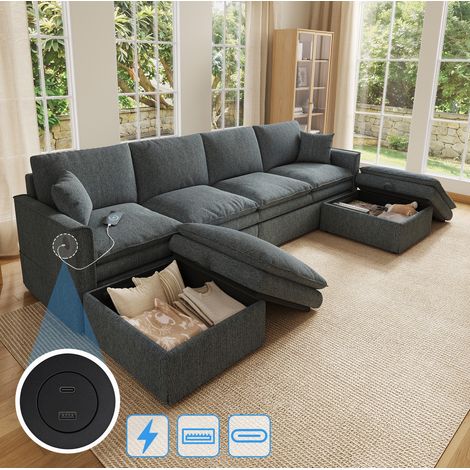 Divano Modulare 6 Posti a U o L, Due Pouf Mobili Contenitore, Porte di Ricarica, Cotone e Lino Grigio, 277 x 135 x 80 cm (1/5)