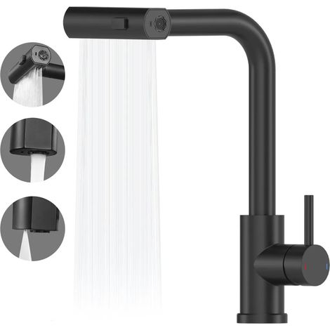 Küchenarmatur in Mattschwarz, 50 cm Ausziehrohr, 360° drehbar, 3 Strahlarten, Wasserfalldesign, Hochdruck, Einhebelmischer, aus Edelstahl SUS304.