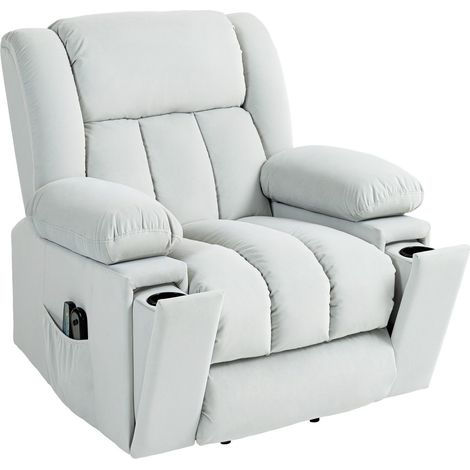 Fernsehsessel mit Aufstehhilfe Elektrisch Relaxsessel mit Massage-/ Wärme-/Liegefunktion, TV-Sessel mit Becherhalter, Stautraum, USB-Anschlüssen und Fernbedienung, Samt, Hellgrau (1/5)
