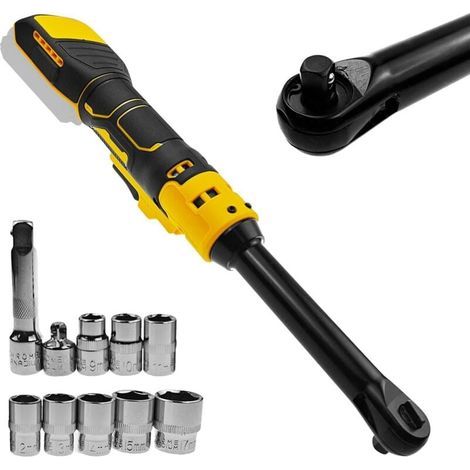 Dewalt 20V 3/8" Cordless Ratchet Wrench, 16cm Extended Neck, 320 RPM, 80 Nm, Electric Ratchet Wrench with Integrated LED Light and 8 Sockets (1/4)