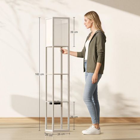 Lampadaire avec étagères, éclairage à intensité variable, interrupteur au pied et ports USB, blanc et chêne (1/5)